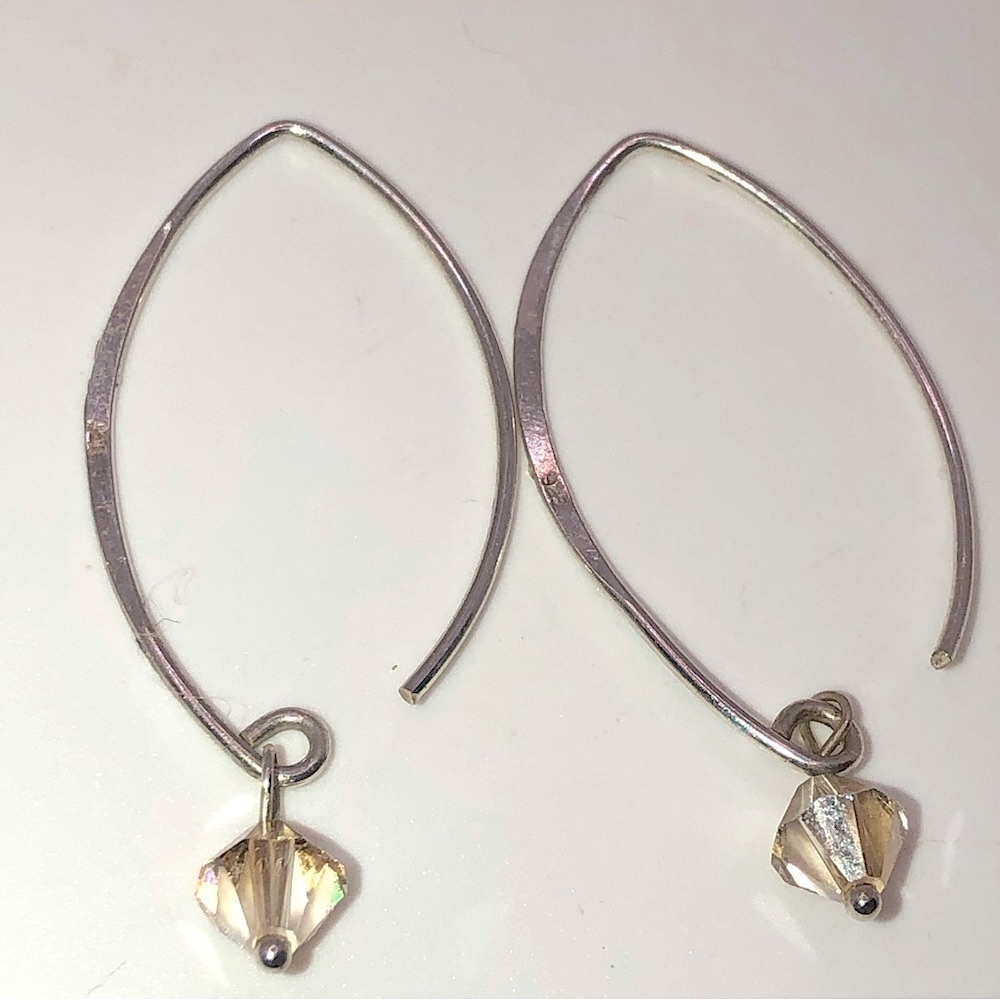 Sterling Curved Wire Post Champagne Coloured Crystal Droo Earrings 1.6”